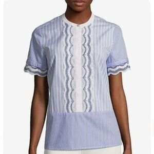 Karl Lagerfeld Blouse Womens Medium Blue White Striped Lace Trim Short Sleeve